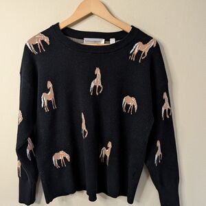 Catherine Malandrino Horse Print Sweater Womens XL Black Knit Equestrian Pullove